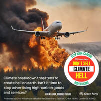 Plane flies over burning forest with Stop High-Carbon Advertising sticker